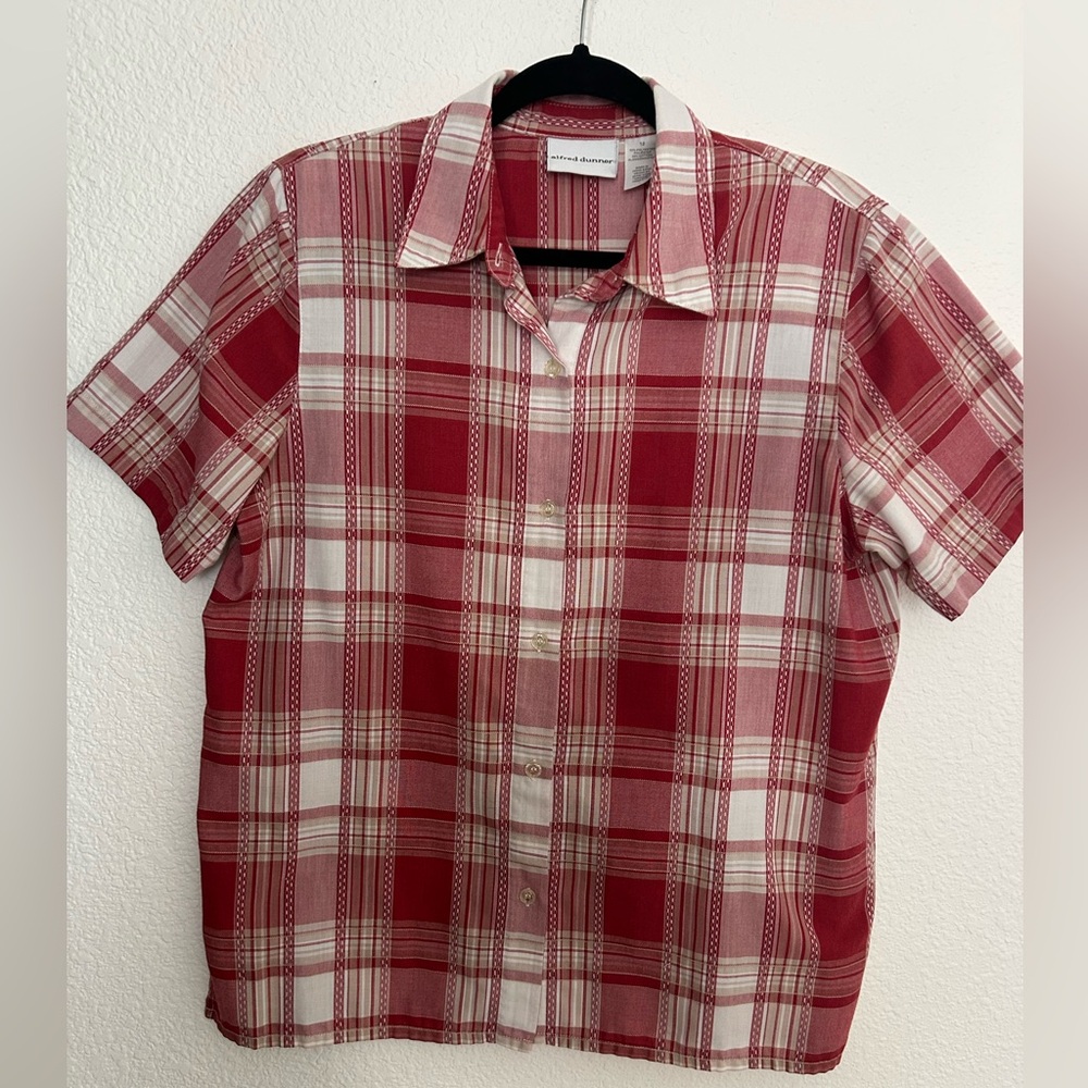 Alfred Dunner Button Up Short Sleeve‎ Shirt Red Casual Plaid Picnis